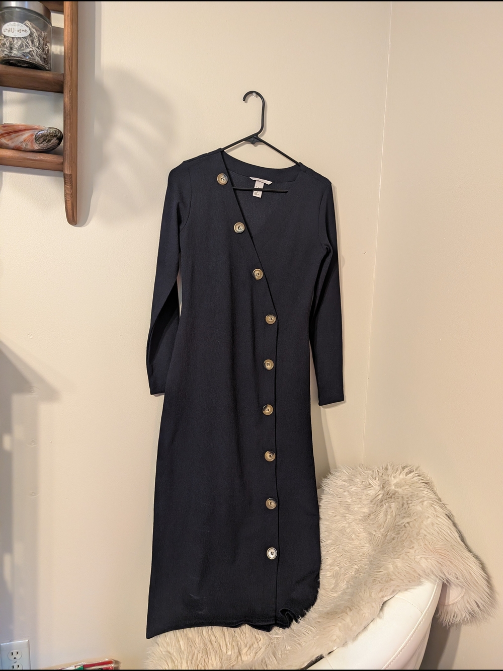H&M Navy Long-Sleeve Button-Accent Midi Dress